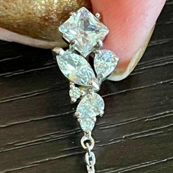 925 Sterling Silver Rhodium Plated Pear and Princess Cut CZ Dangle Earrings - Picture 5 of 14